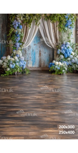 Tło fotograficzne „Rustykalna draperia z hortensjami na drewnianej ścianie” | E_788